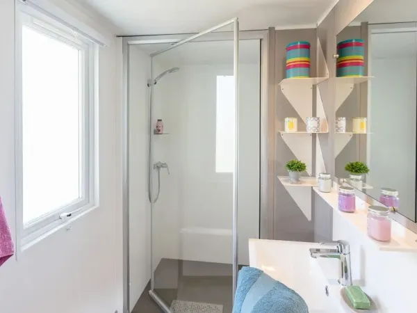 The Roan Premium Compact bathroom with shower cubicle and washbasin with a cabinet.