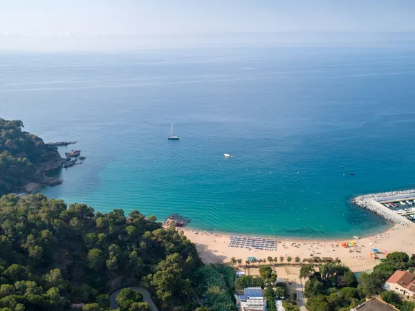 Overview of beach with sea at Roan camping Cala Canyelles.