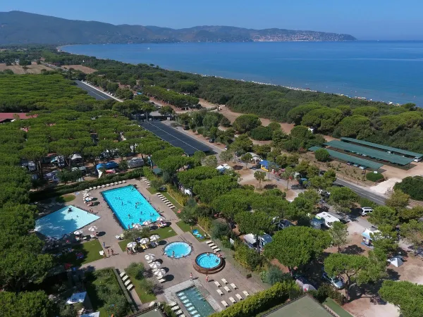 drone shot of the swimming pool at Orbetello campground.