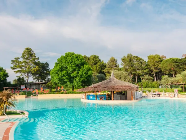 Swimming pool with tiki tent at Roan camping Le Capanne.