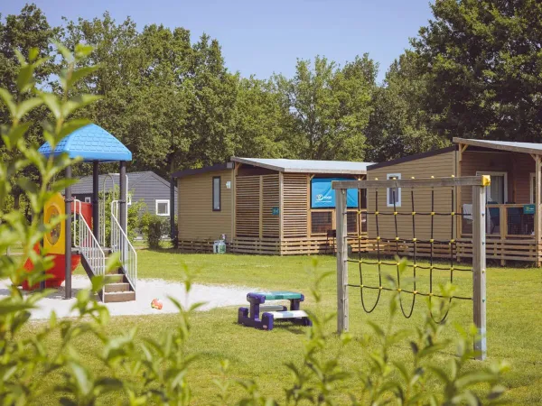 Cosy field with mobile homes and playground at Roan camping 't Veld.
