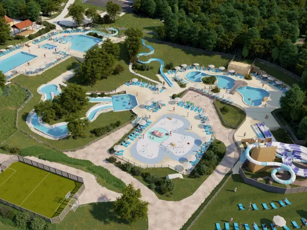 Overview of pool with new slides in 2025 at Roan campsite Saint Avit Loisirs.