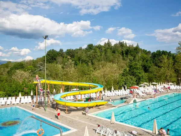 Sun terrace with semi-Olympic pool and slide at Roan camping hu Norcenni Girasole village.