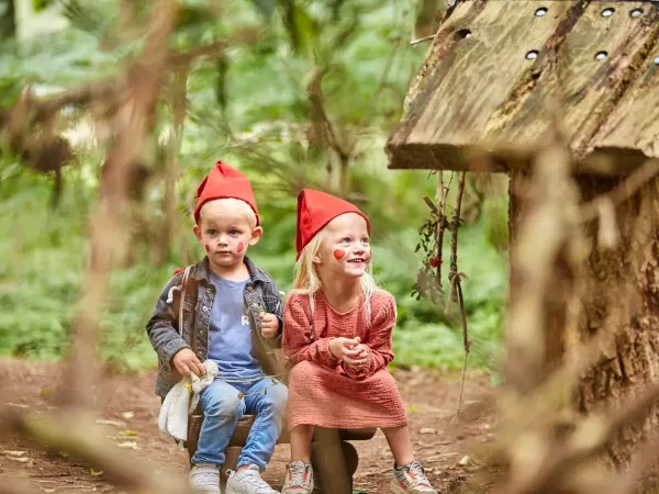 Two young children wearing gnome hats during the gnome trek at Roan camping Terspegelt.