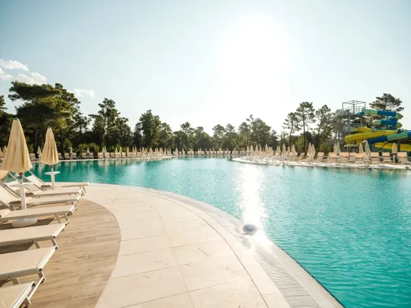 New swimming pool with sun beds and umbrellas at Roan campsite Zaton Holiday resort.