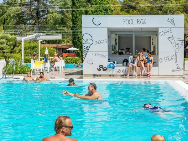 People swimming and relaxing at the pool bar at Roan campsite Valkanela.