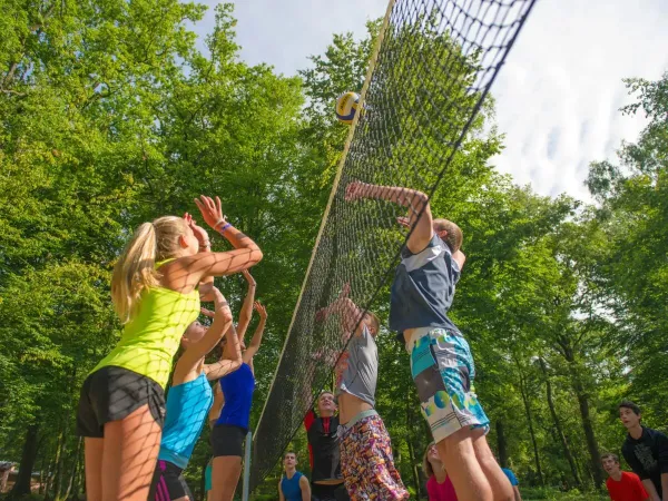 Children play a game of volleyball at Roan camping Le Lac des Vieilles Forges.
