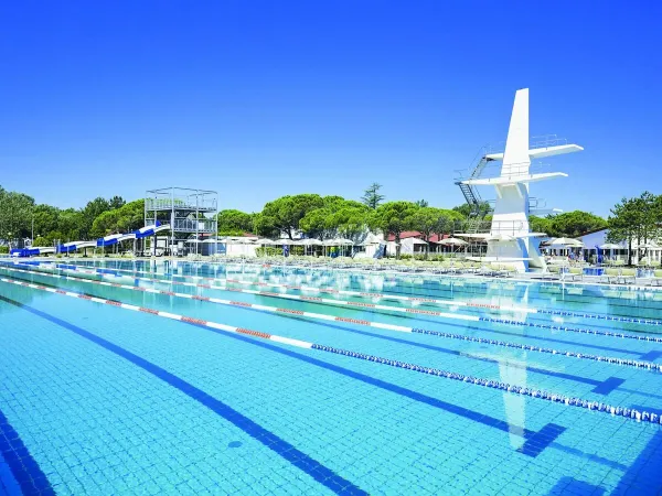 The competition pool with diving boards at Roan campsite Marina Julia Camping Village.