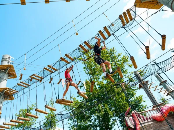 Children climb the climbing course at Roan campsite Le Lac des Vieilles Forges.