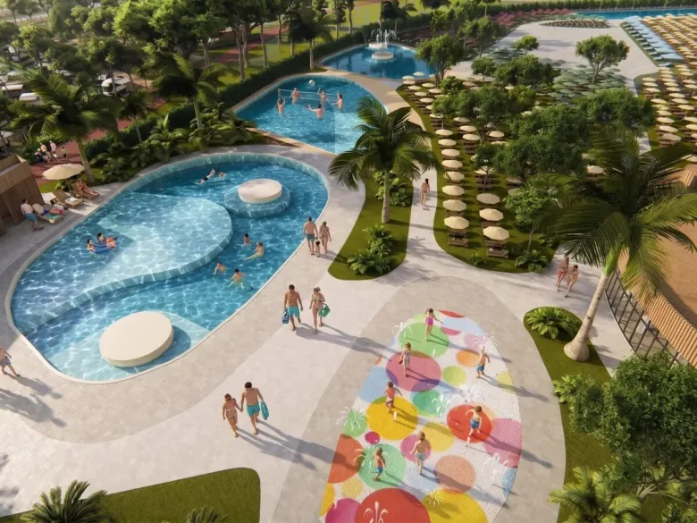 AI-generated image of the swimming pool complex at the Roan Delta Open Air Resort campsite.