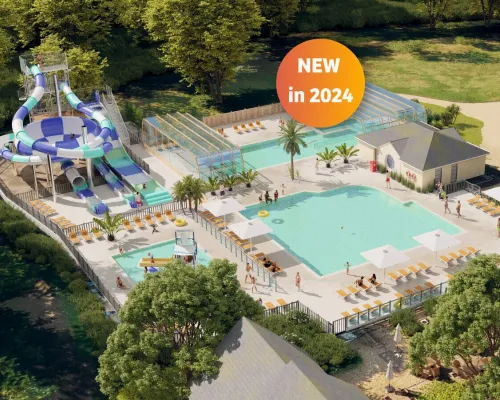 Overview of new pool 2024 at Roan camping Domaine de la Brèche.