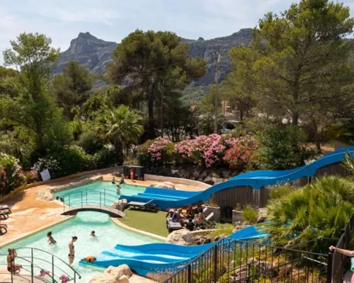 Swimming pool complex at Roan campsite Domaine de la Noguière.