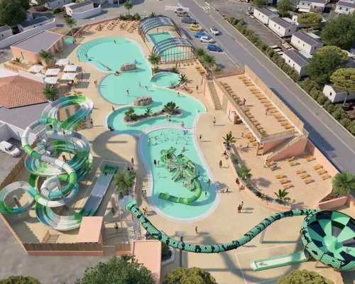 Aerial view of water park Roan camping Le Domaine du Clarys. New in 2025!