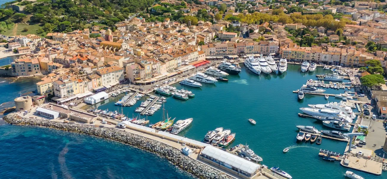 Aerial view of Saint-Tropez on the Côte d’Azur in the Alpes-Maritimes department.